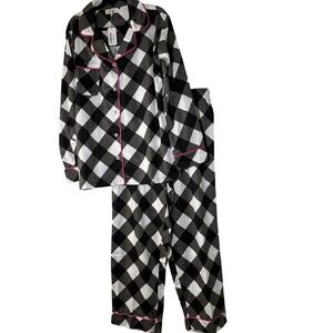 Jayes Studio Gingham Pajama Set Women Black White Pink Trim Button Up Top Sleep